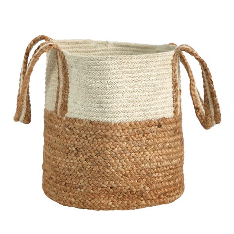 14-in Boho Chic Basket Planter Natural Cotton and Jute with Handles
