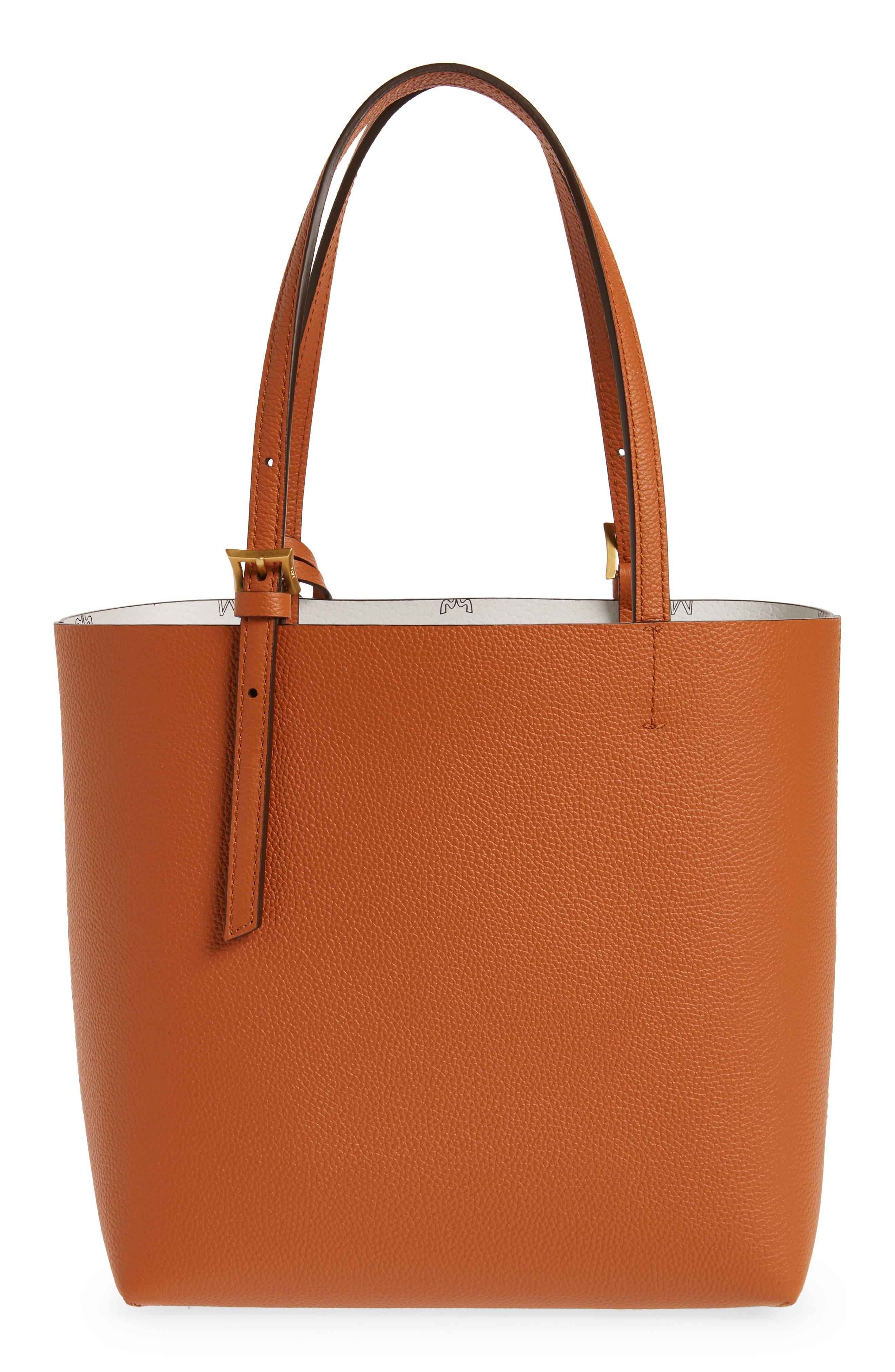 MCM Mini Lauretos Reversible Leather Shopper Bag, Alternate, color, Cognac