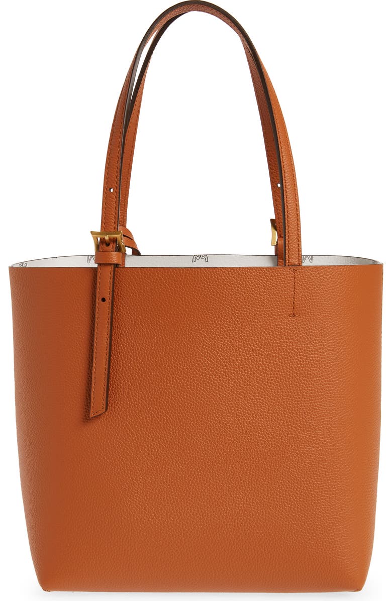 MCM Mini Lauretos Reversible Leather Shopper Bag, Alternate, color, Cognac