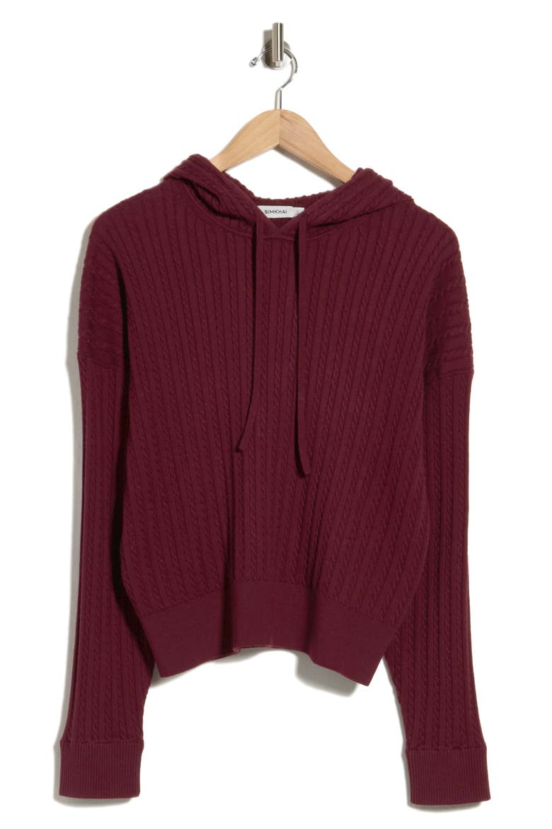 Cable Knit Cotton & Cashmere Hoodie, Alternate, color, SANGRIA