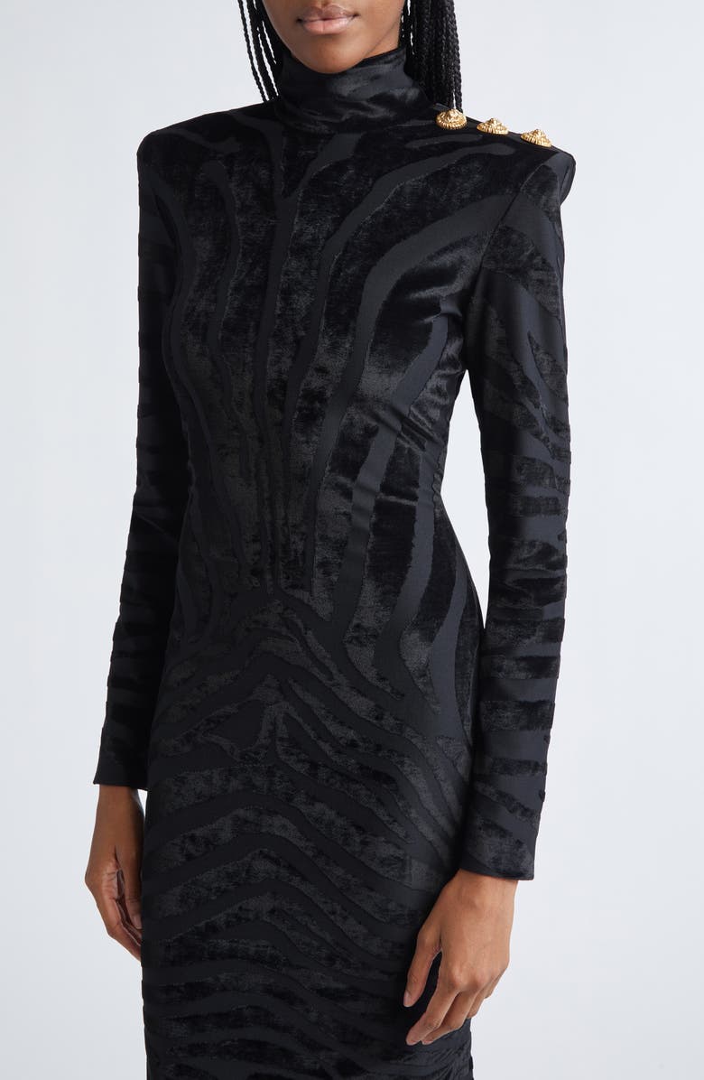 Balmain Zebra Stripe Long Sleeve Velvet Body-Con Dress, Alternate, color, 0Pa Black