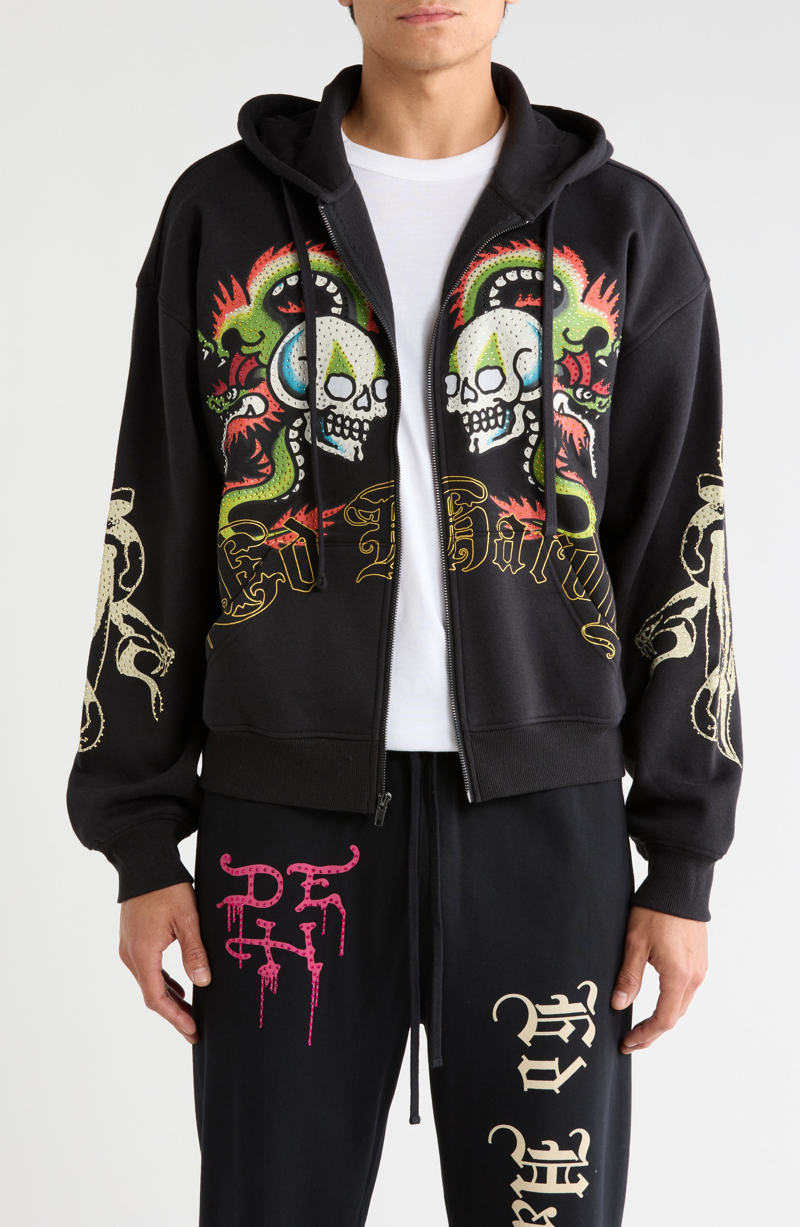 Ed Hardy Dragon Skulls Rhinestone Boxy Zip Hoodie