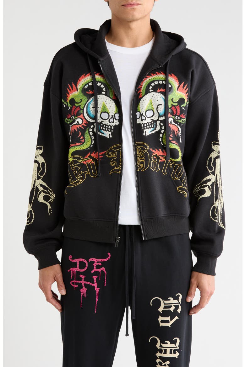Dragon Skulls Rhinestone Boxy Zip Hoodie, Main, color, BLACK