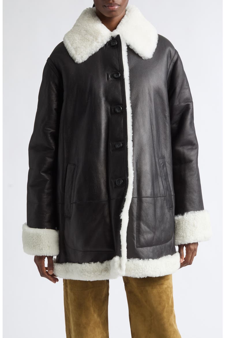 Blake Genuine Shearling Trim Leather Coat, Main, color, BLACK WHITE