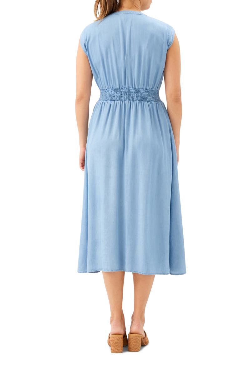 Karen Kane Smocked Waist Chambray Button-Up Midi Dress, Alternate, color, Chambray