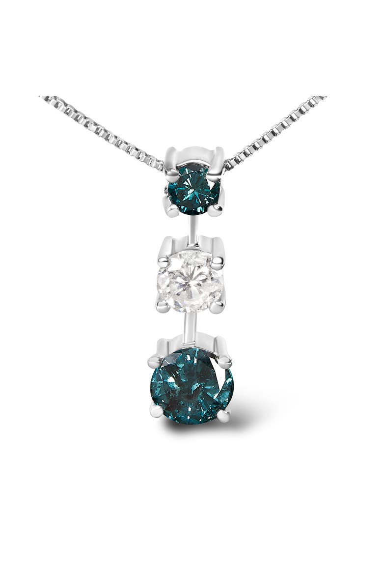 14K White Gold 1 1/2 Cttw Treated Blue and White Diamond 3-Stone Pendant Necklace, Alternate, color, White