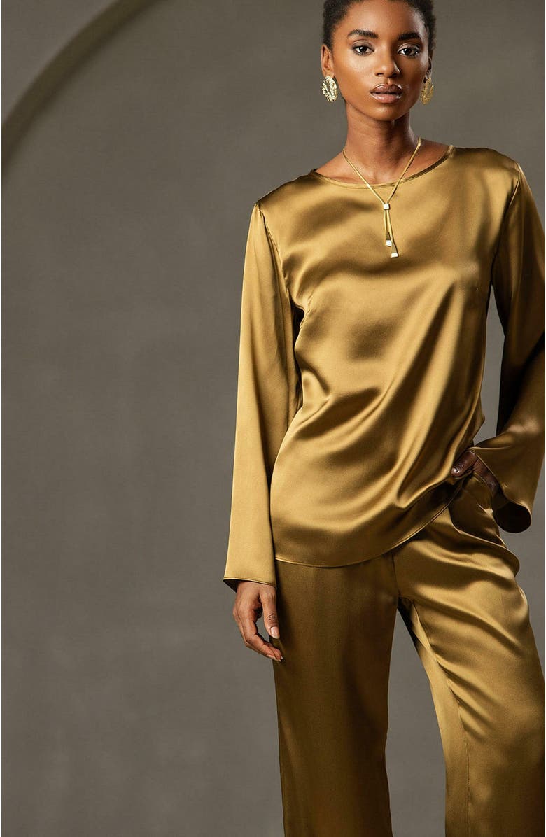 SILKSILKY 19Momme Silk Solid Color Casual Long-sleeved T-shirt, Alternate, color, 