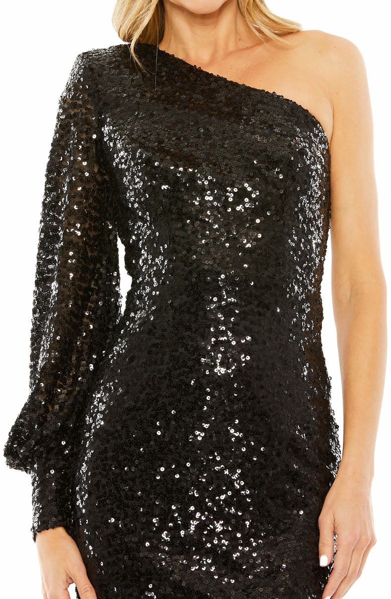 Mac Duggal One Sleeve Sequin Mini Dress, Alternate, color, Black