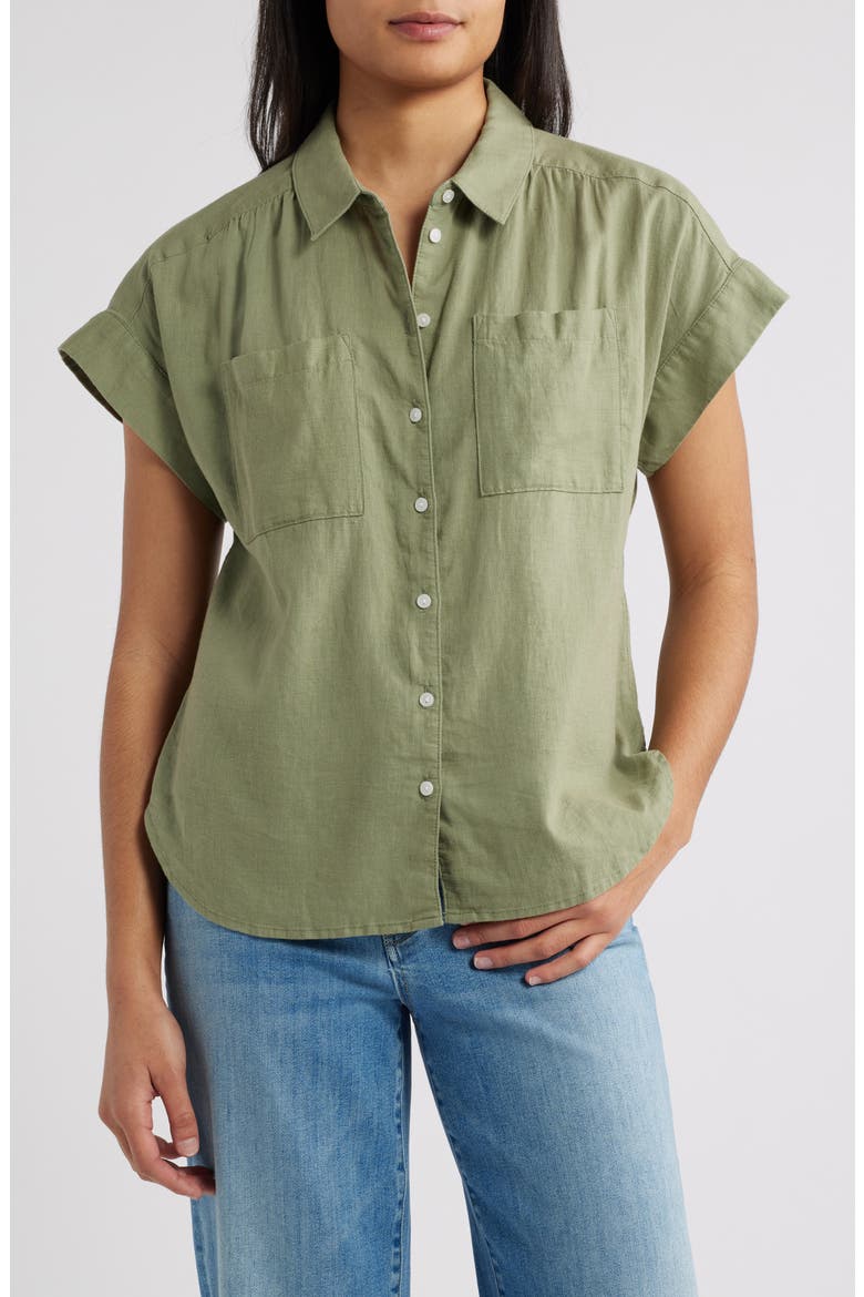 Linen Blend Short Sleeve Button-Up Shirt, Main, color, OLIVE ACORN