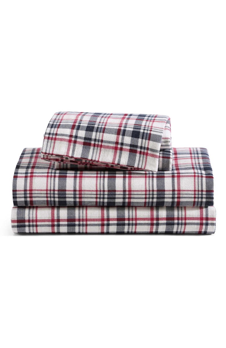 Tommy Hilfiger Glenbrook Plaid Cotton Flannel Sheet Set, Main, color, Navy Blue/ Garnet Red