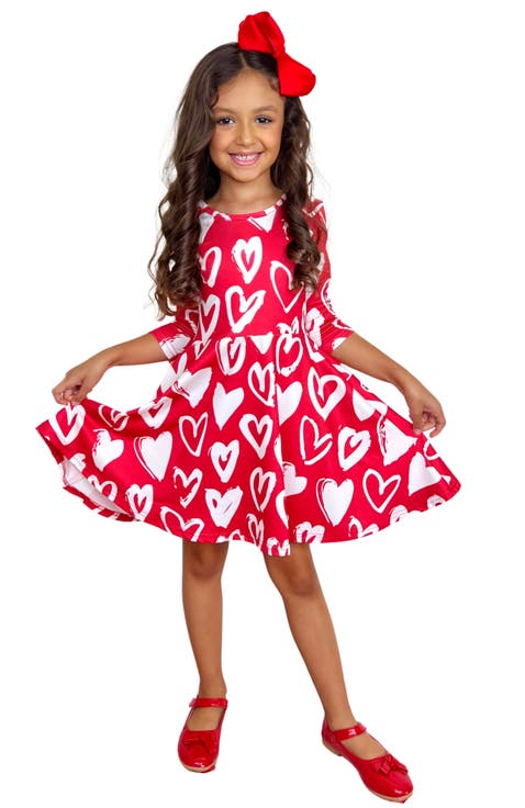 Radiant Heart Twirly Long Sleeve Skater Dress (Toddler, Little Kid & Big Kid)