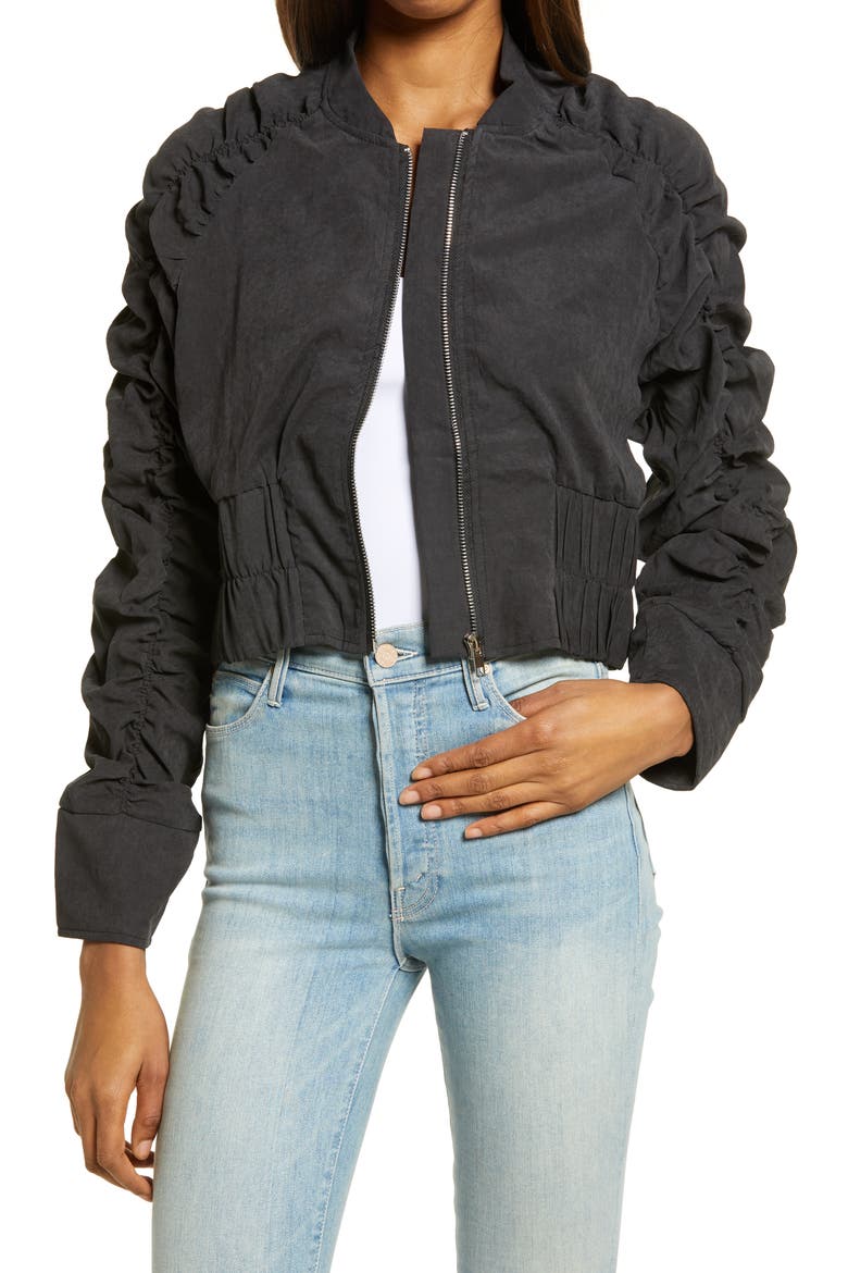 Ruched Sleeve Crop Bomber Jacket, Main, color, BLACK