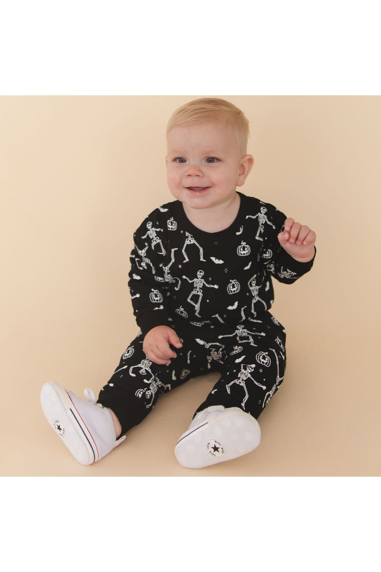Glow In The Dark Silly Skelly Halloween Long Sleeve Romper & Jogger Set, Alternate, color, Black