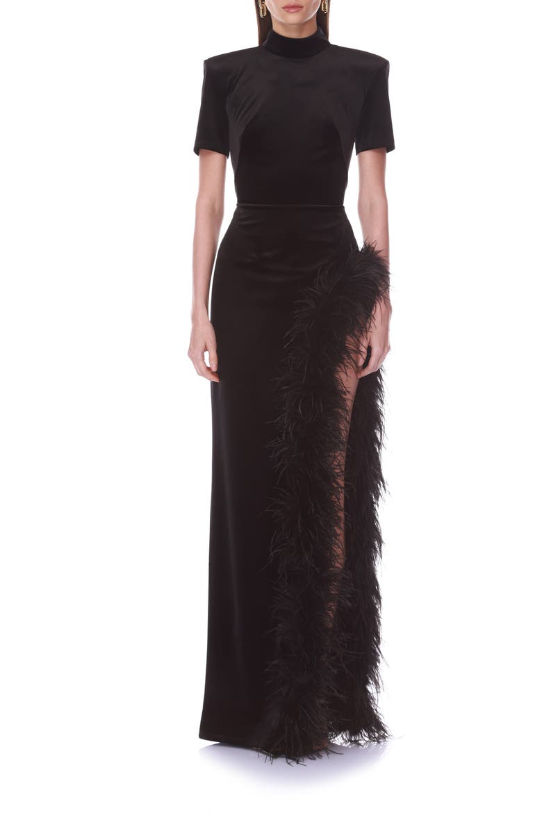 Feather Trim Velvet Maxi Dress, Main, color, BLACK