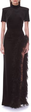 BRONX BANCO Feather Trim Velvet Maxi Dress
