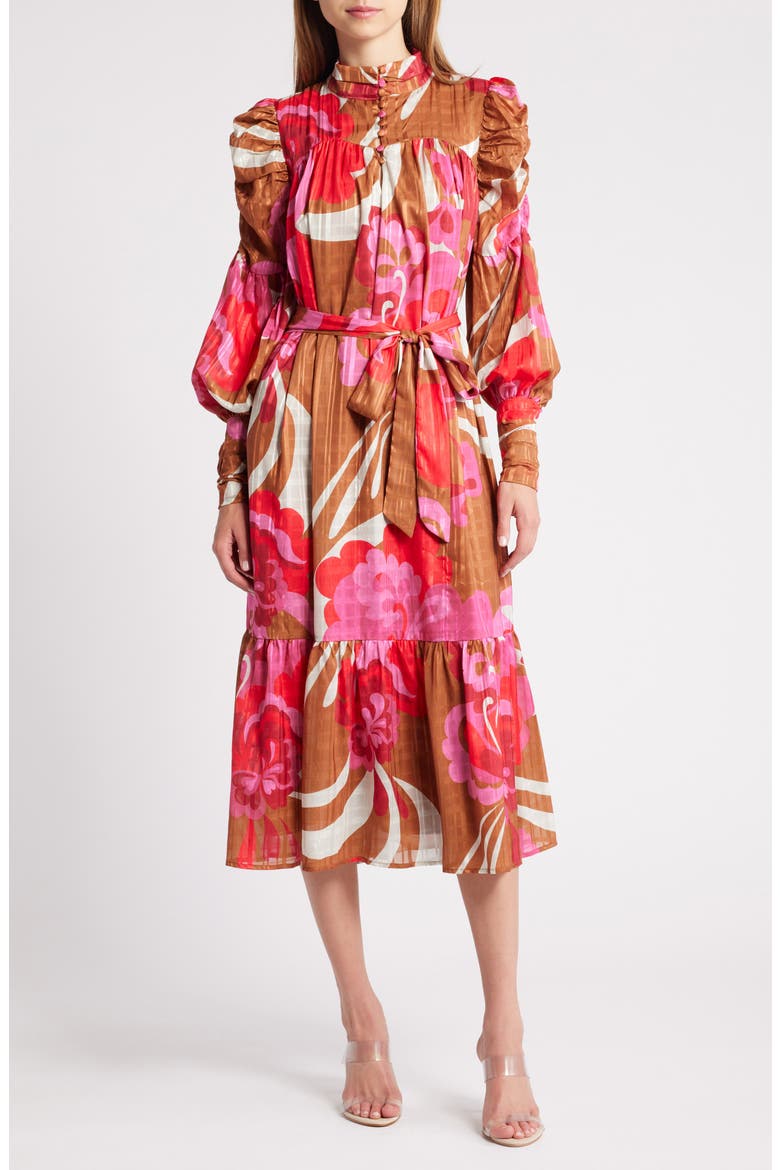 Adele Floral Print Long Sleeve Midi Dress, Main, color, MAROON MULTI
