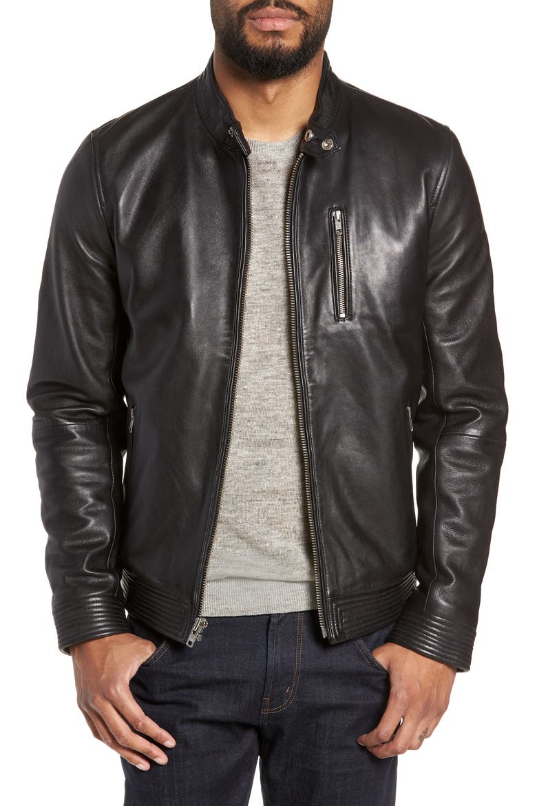 Leather Racer Jacket, Main, color, BLACK