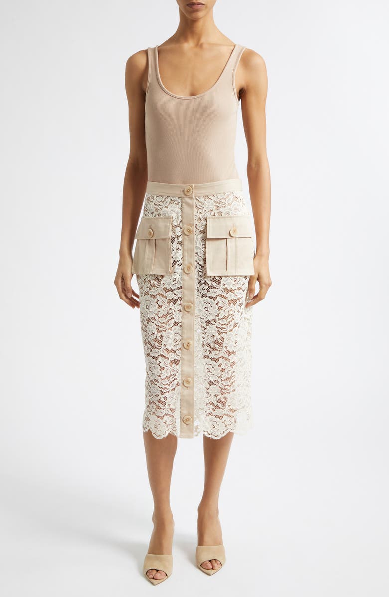 L'AGENCE Shae Mixed Media Cotton Blend Lace Skirt, Alternate, color, Biscuit/ Ecru