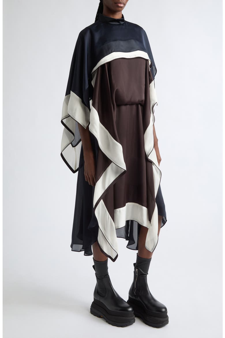 Satin X Chiffon Dress, Alternate, color, BROWN/ ECRU