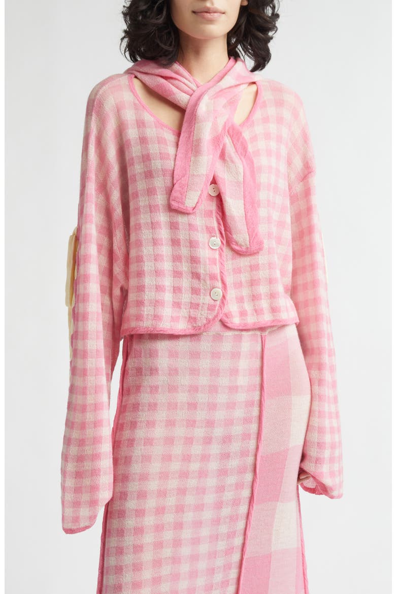 Gingham Check Wool Cardigan with Removable Hood, Main, color, PINK