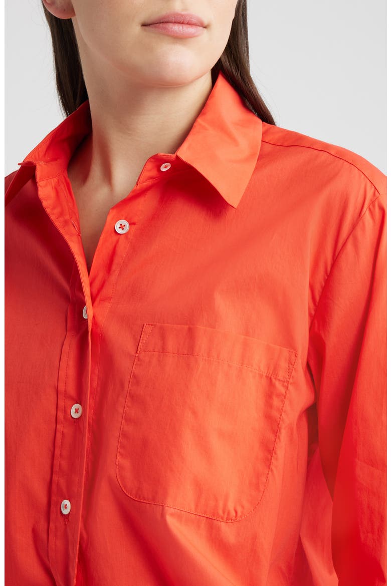 Cinch Waist Cotton Button-Up Shirt, Alternate, color, POPPY RED