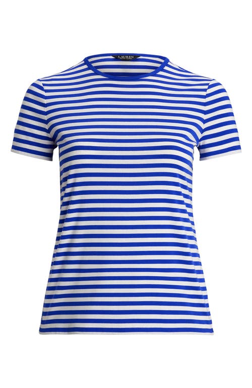Shop Ralph Lauren Lauren Stripe Stretch Cotton Crewneck T-shirt In New Sapphire/white