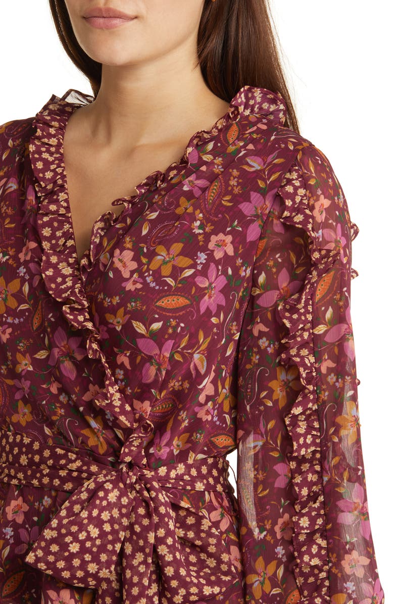 Tahari ASL Mixed Floral Print Long Sleeve Chiffon Dress