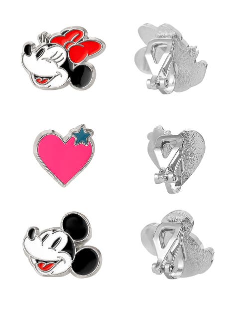 Disney Minnie And Mickey Mouse Clip On Earrings, 3-pack In Silver