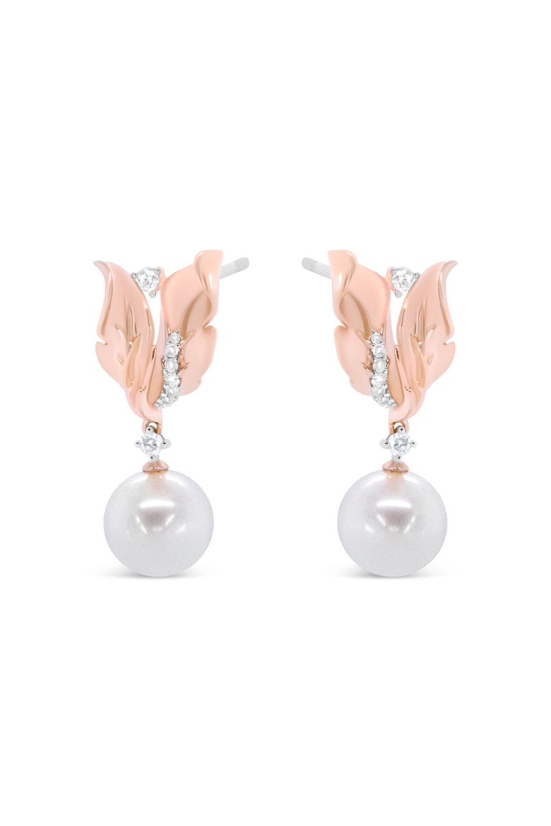 14K Rose Gold 1/6 Cttw Round Diamond and 8mm Round Pearl Floral Drop Stud Earrings, Alternate, color, Pink