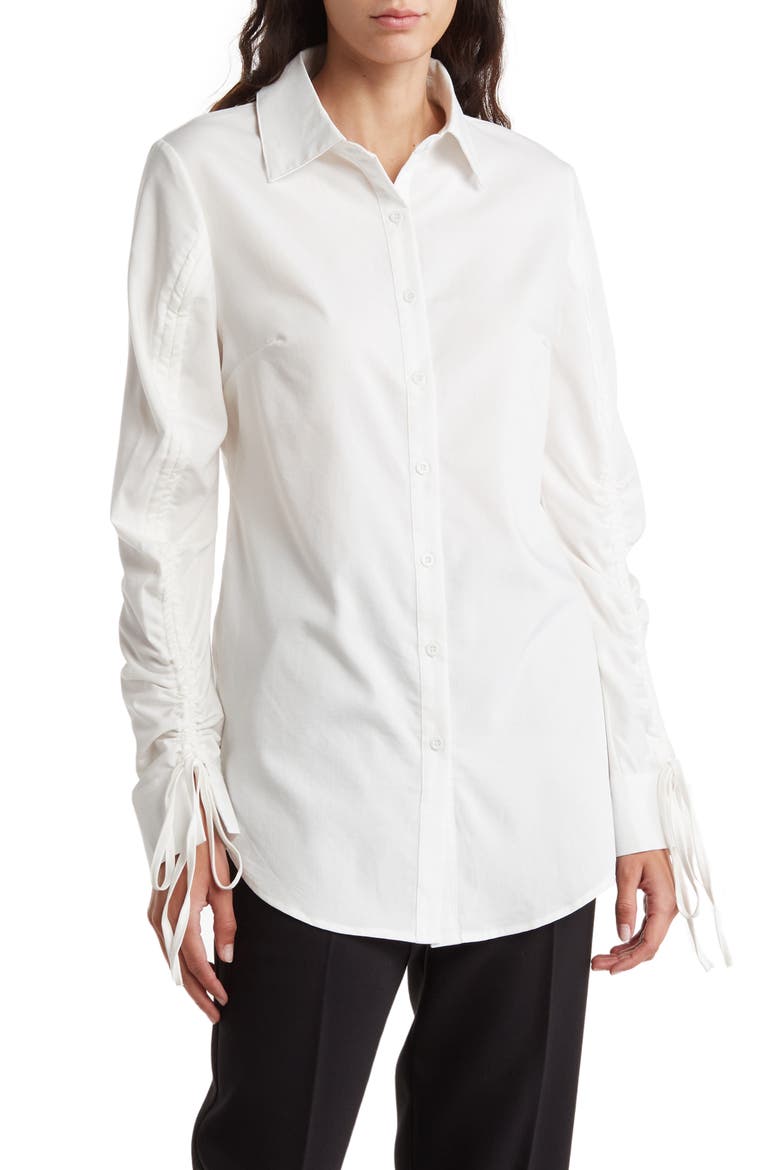 Ruched Sleeve Button-Up Shirt, Main, color, WHITE