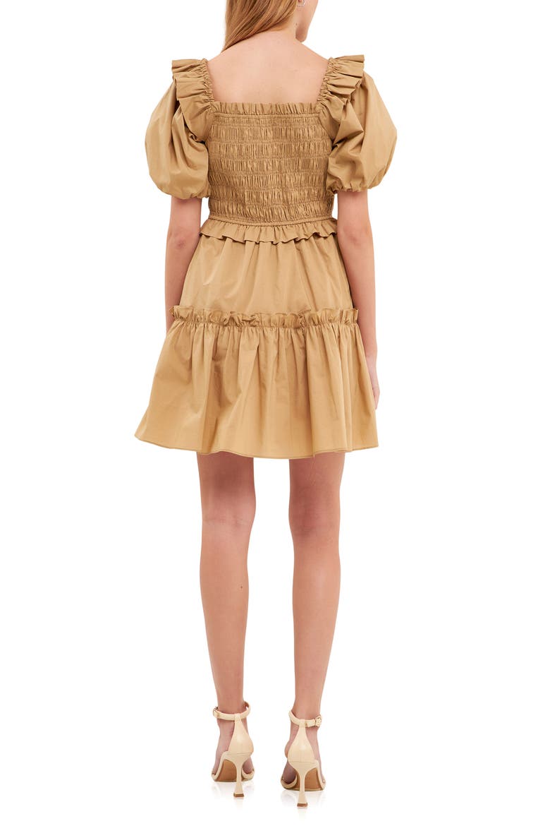 Shirred Puff Sleeve Tiered Cotton Dress, Alternate, color, TAWNY