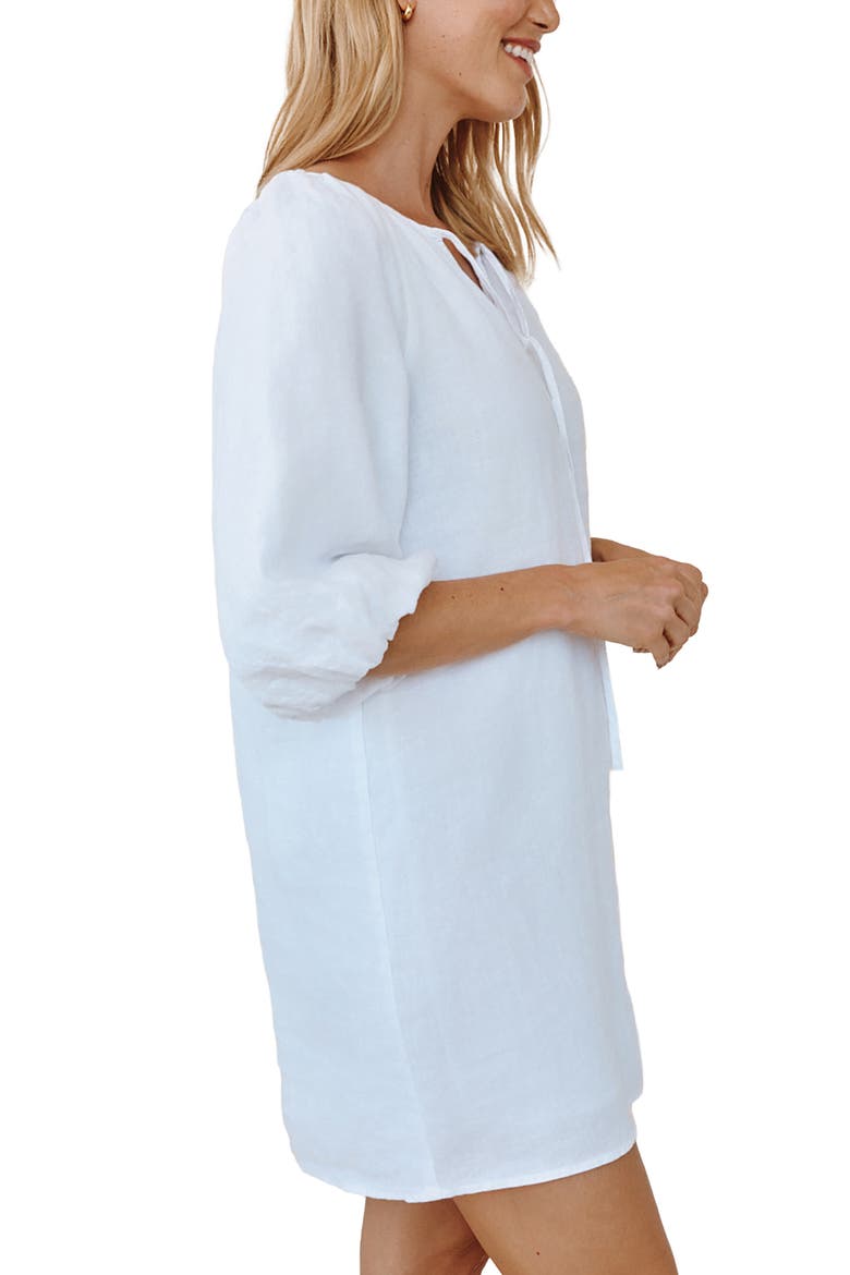 Tie Neck Linen Shift Dress, Alternate, color, WHITE