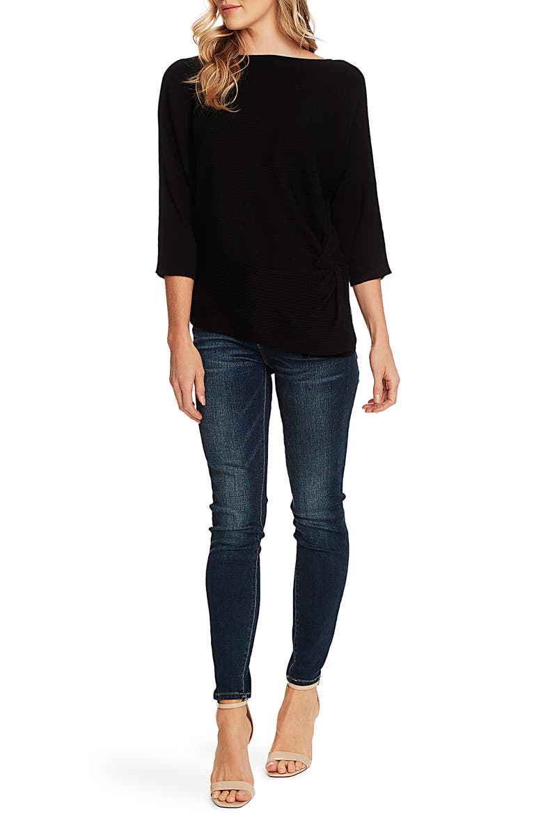 Twist Dolman Sleeve Ribbed Asymmetrical Top, Alternate, color, RICH BLACK