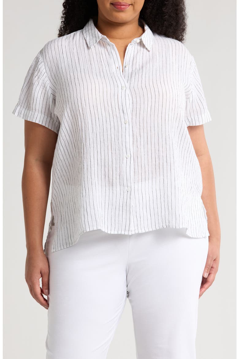 Stripe Organic Linen Button-Up Shirt, Main, color, WHITE/ BLACK