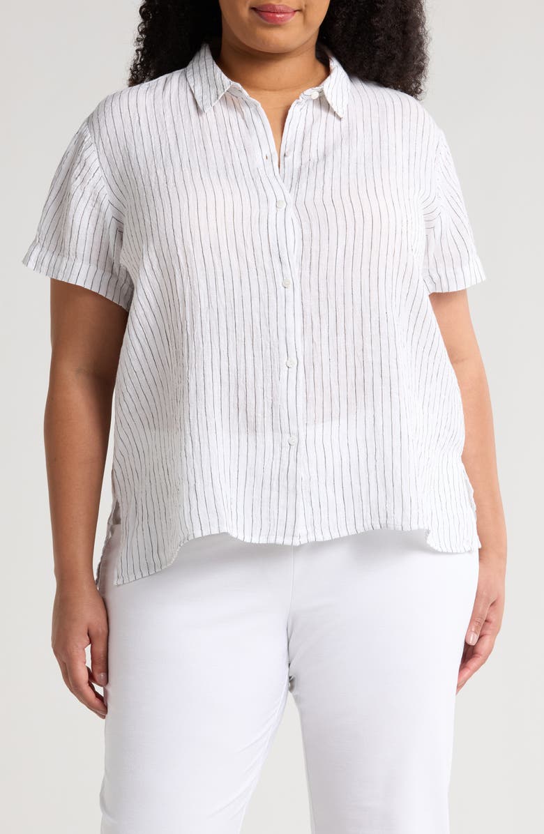 Eileen Fisher Stripe Organic Linen Button-Up Shirt, Main, color, 