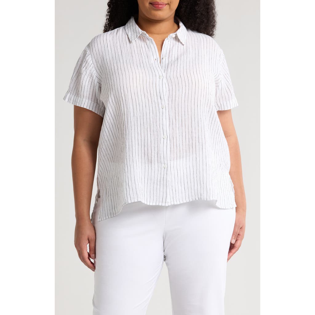 Eileen Fisher Stripe Organic Linen Button-up Shirt In White