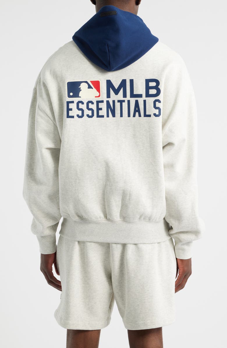Fear of God Essentials MLB Sport Colorblock Cotton Graphic Hoodie, Alternate, color, Light Heather/ Navy Blue