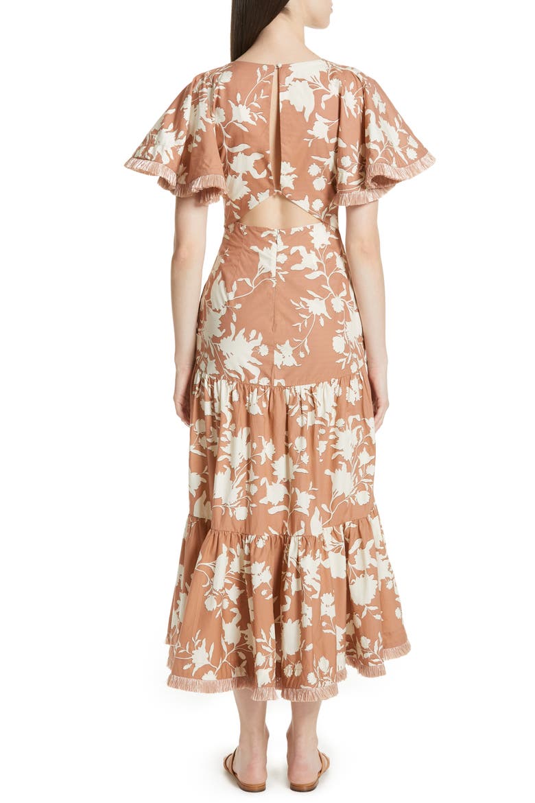 Tea House Raffia Trim Floral Print Dress, Alternate, color, CAMEL/ ECRU