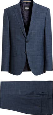BOSS Huge Slim Fit Blue Slub Mélange Wool Blend Suit