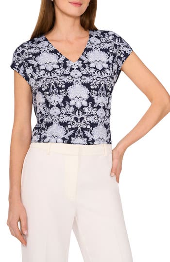 Halogen ® Print V-neck Dolman Sleeve Knit Shirt In Classic Navy Paisley