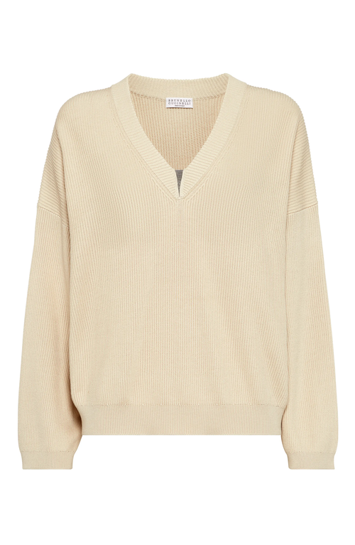 Brunello Cucinelli Cotton V-necked Sweater In Butter