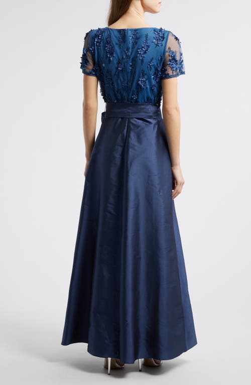 Pisarro Nights 3d Floral Bodice Beaded Gown In Denim