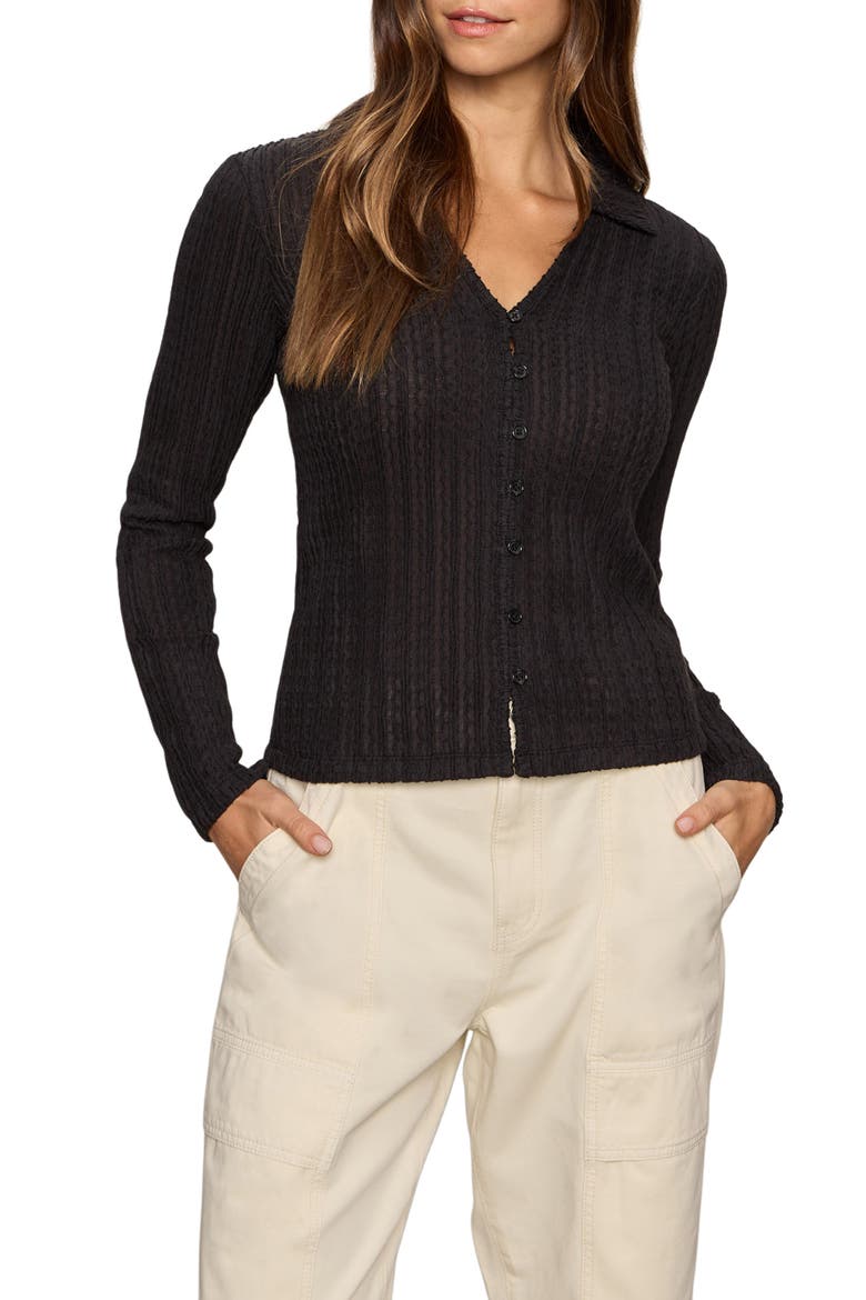 Textured Stripe Cotton Blend Knit Button-Up Shirt, Main, color, BLACK