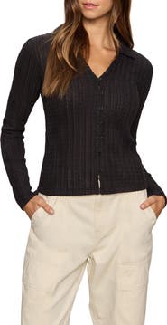 Sanctuary Textured Stripe Cotton Blend Knit Button-Up Shirt