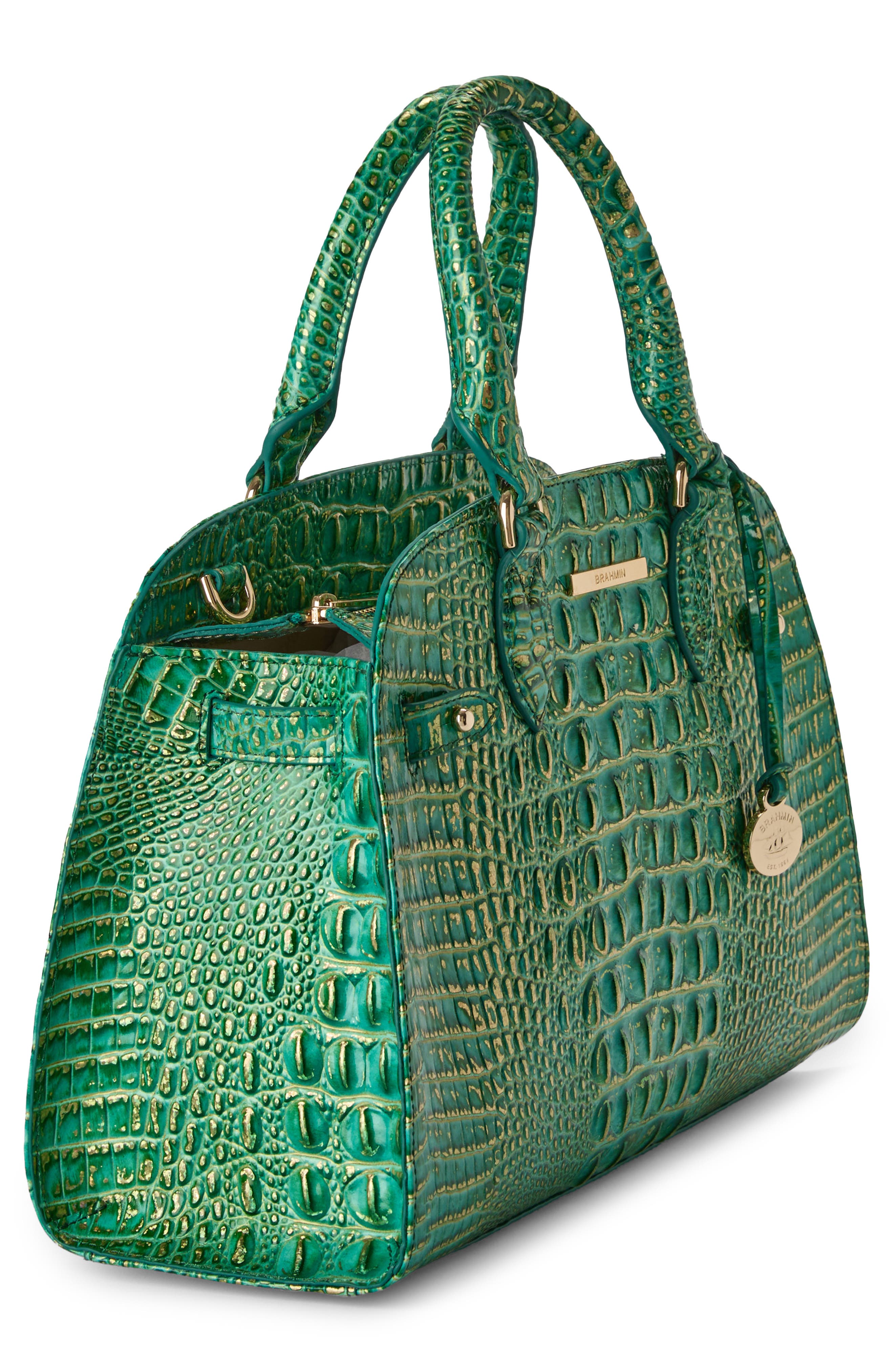 Angelina Croc Embossed Leather Shoulder Bag, Alternate, color, JUNGLE JEWEL