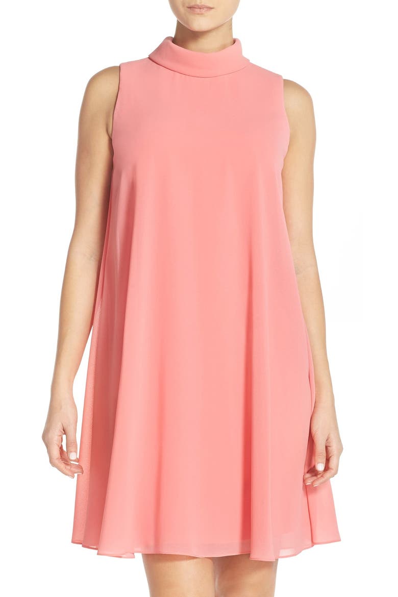 Mock Neck Chiffon Trapeze Dress, Main, color, GUAVA