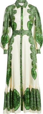 Elie Tahari The Harley Regent Placed Paisley Long Sleeve Stretch Silk Maxi Shirtdress