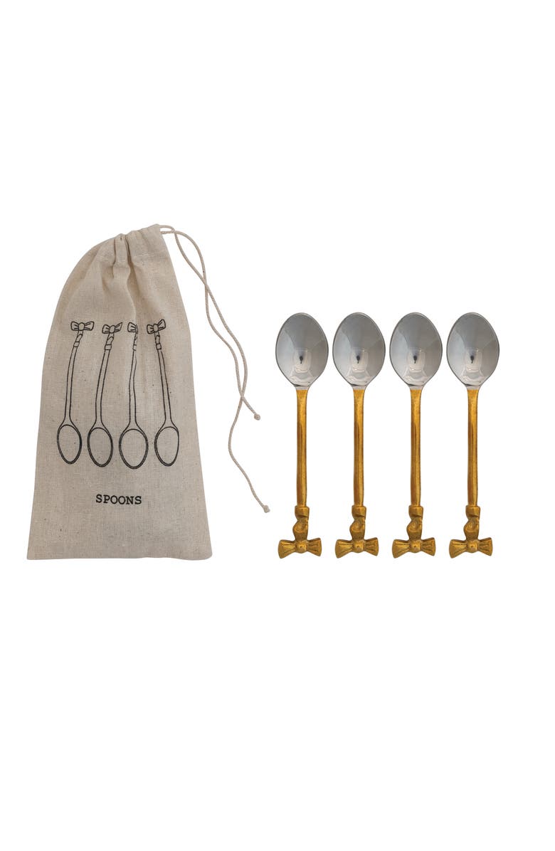 Storied Home 4-Piece Coffee Spoons with Gold Finish Bow Handles, Stainless Steel and Brass, Main, color, 