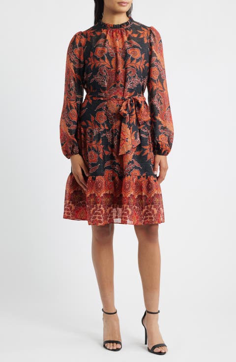 Metallic Paisley Ruffle Long Sleeve Dress