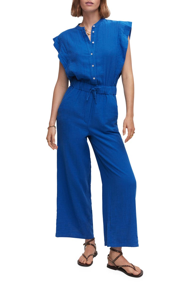 MANGO Wide Leg Cotton Gauze Jumpsuit, Main, color, Blue